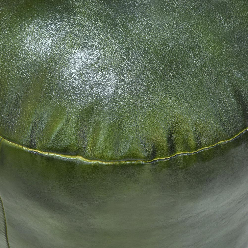 Pouf-Solid Handmade Leather Pouf (Recycled Foam with Fiber Fill), Green, {Round} 16x16x16