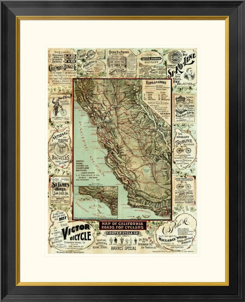 "Map of California Roads for Cyclers, 1896"  by George W. Blum, 26x32"
