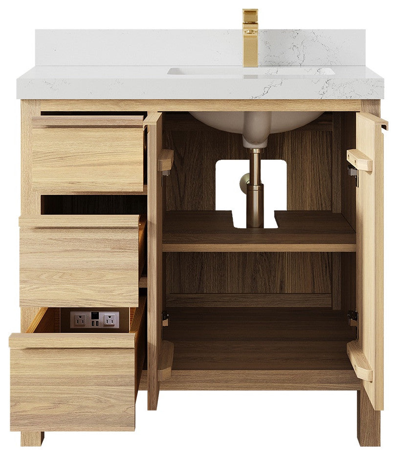 Elizabeth Oak 36" Right Offset Sink Vanity, White 2" Empira Quartz