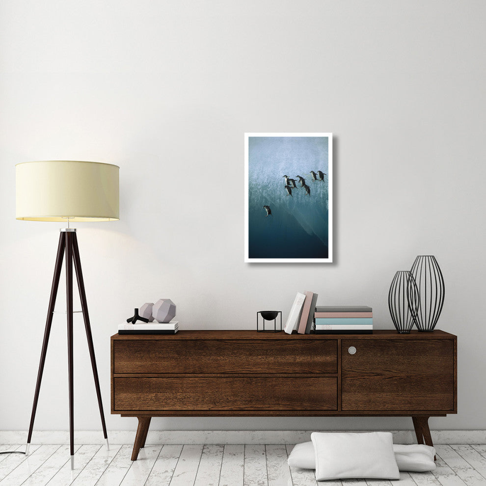 "Chinstrap Penguins jumping off iceberg, Sandwich Islands" Paper Art, 22"x32"