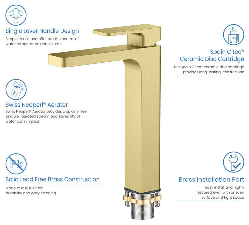 Blaze-T Single Handle Bathroom Vessel Sink Faucet, Brushed Gold
