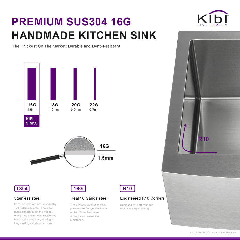 KIBI Handcrafted Farmhouse Apron Single Bowl Stainless Steel Kitchen Sink, 30"