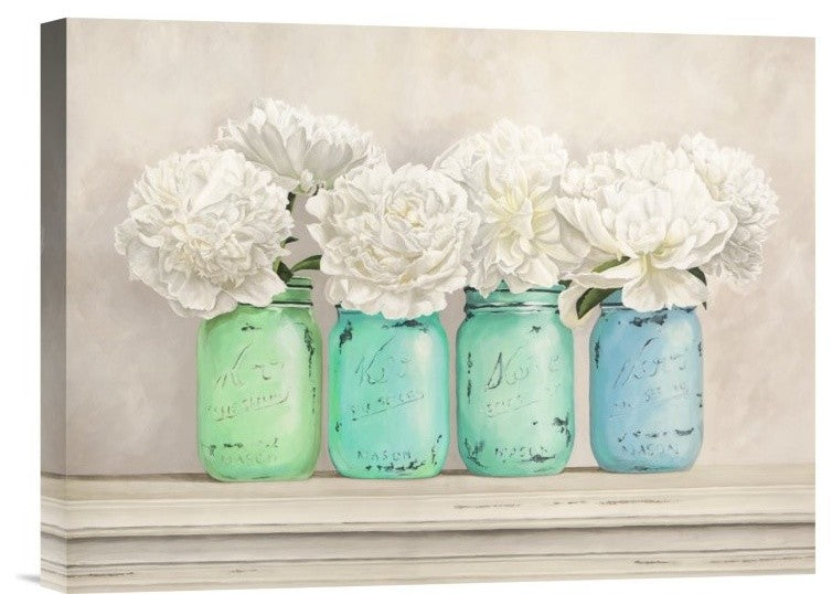 "Peonies in Mason Jars" Stretched Canvas Giclee by Jenny Thomlinson, 16"x12"