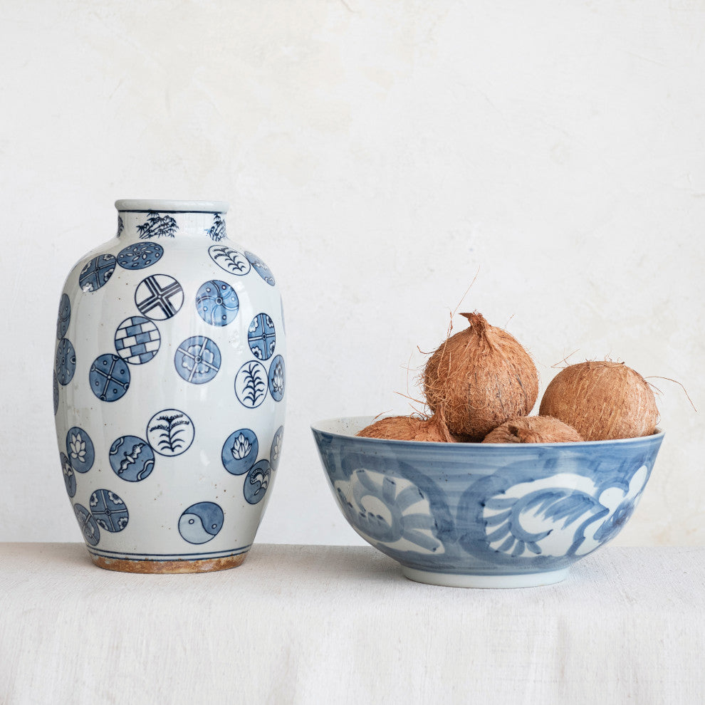 Hand Painted Stoneware Bowl with Floral Design, Blue and White