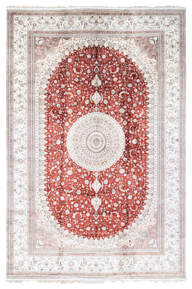 Red Sino Tabriz 250 KPSI Clearance Hand Knotted Silken Oversized Rug 12'0"x18'4"