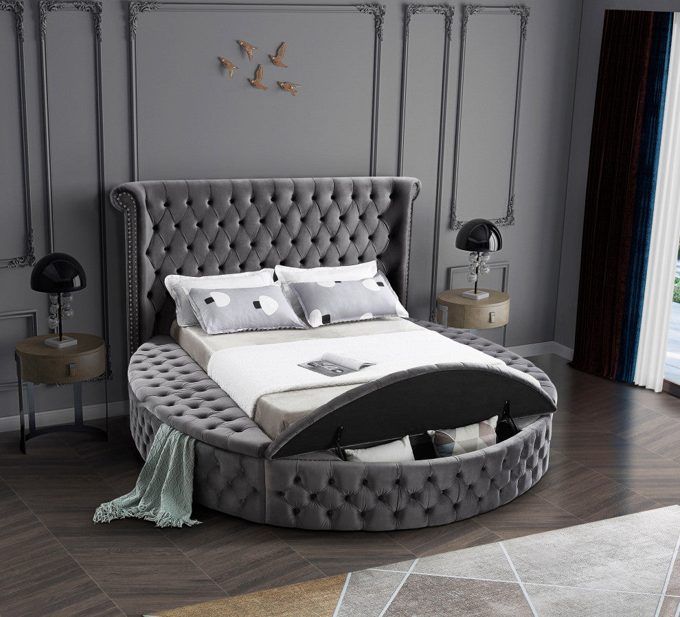 Luxus Button Tufted Velvet Round Bed, Gray, Full