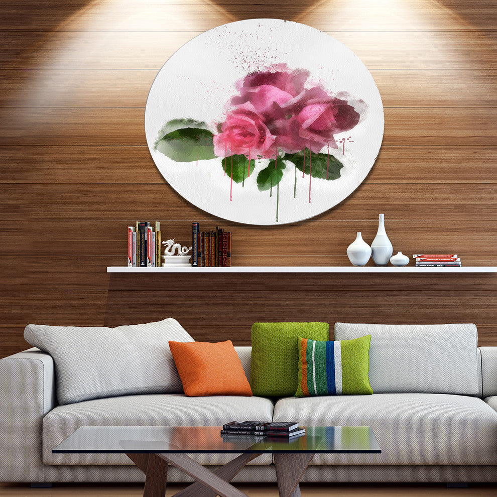 Bunch Of Pink Roses With Leaves, Floral Round Wall Art, 23"