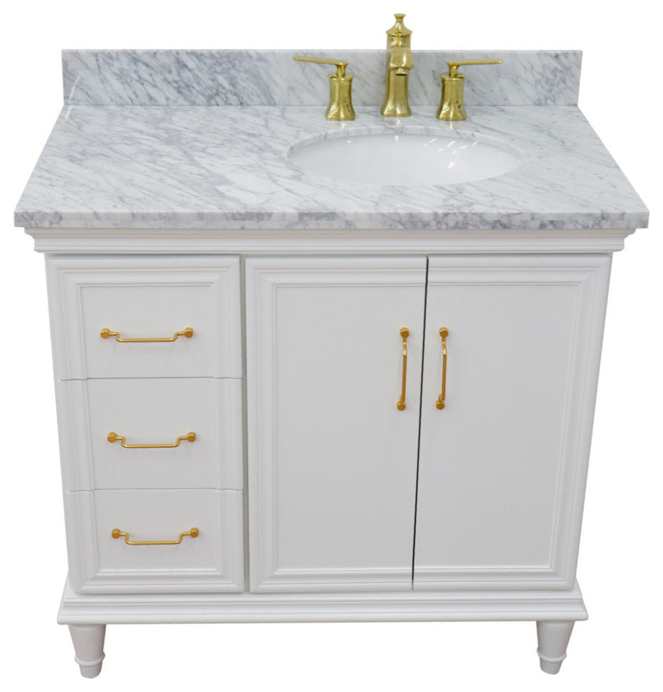 37" Single Vanity, White Finish With White Carrara