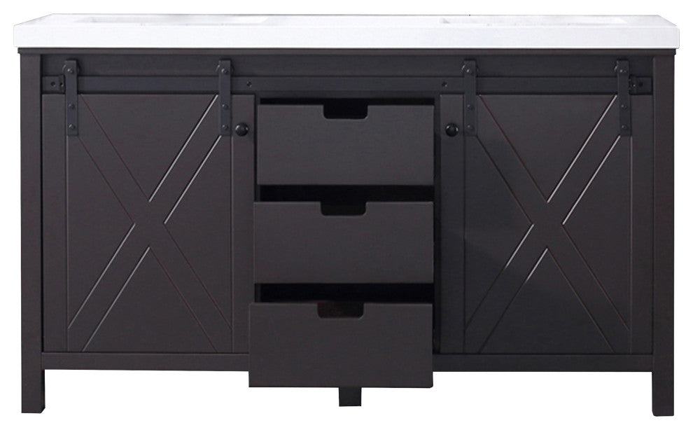 Marsyas 60" Brown Double Vintage Bathroom Vanity Cabinet Quartz Top Square Sinks