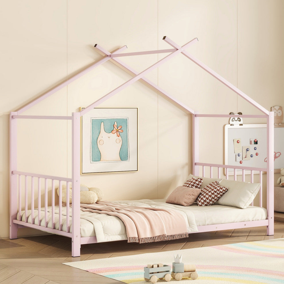 Gewnee Twin Size Metal House Platform Bed, Pink
