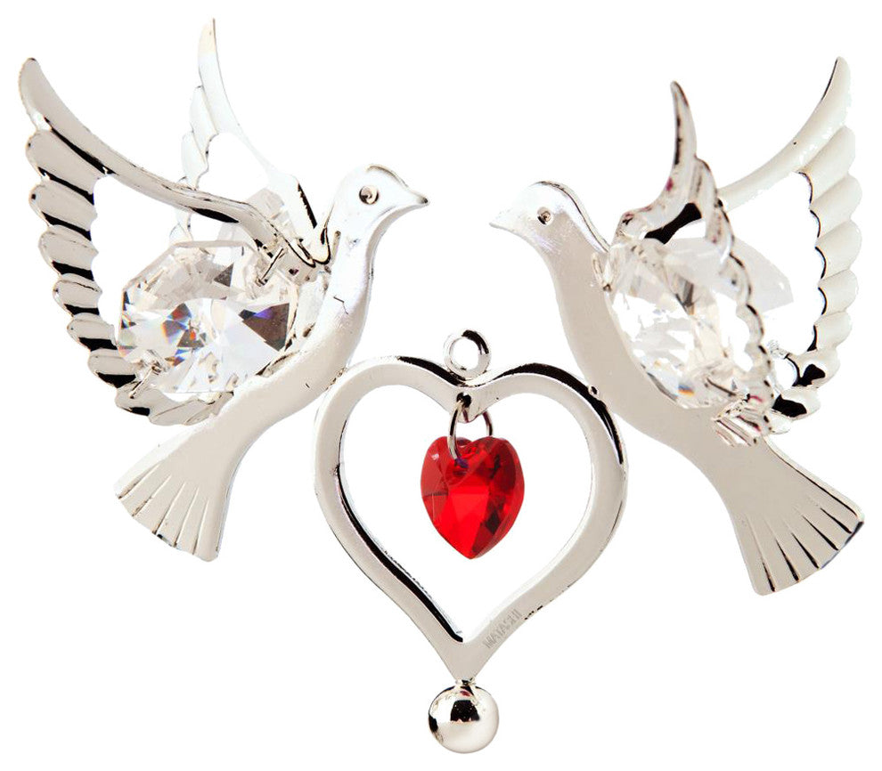 Silver Plated Red Crystal Studded Love Doves Hanging Ornament With Double Heart
