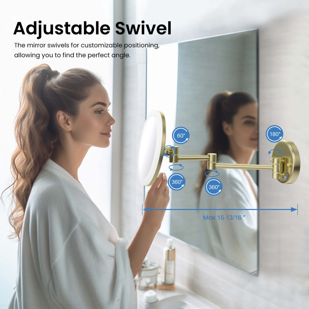 Circular LED Wall Mount One Side 5x Magnifying Make Up Mirror, Brushed Gold