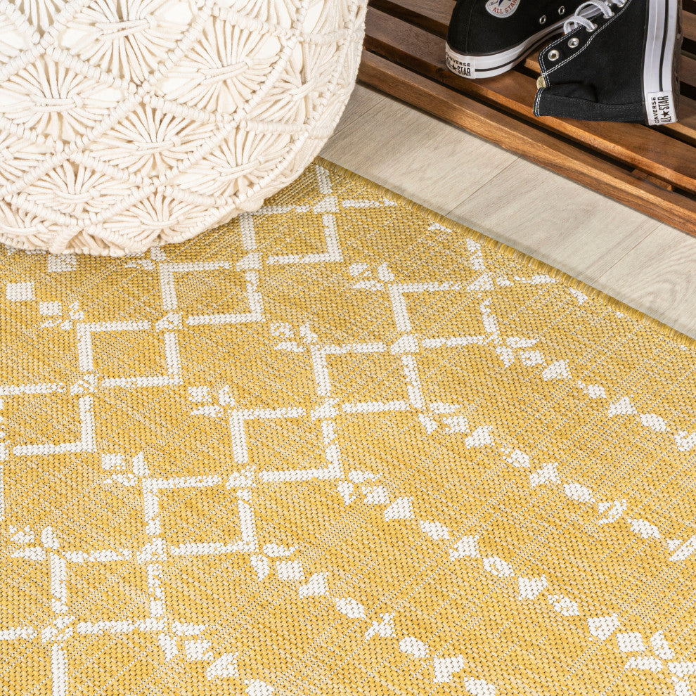 Ourika Moroccan Geometric Indoor/Outdoor Rug, Yellow/Cream, 5' Square