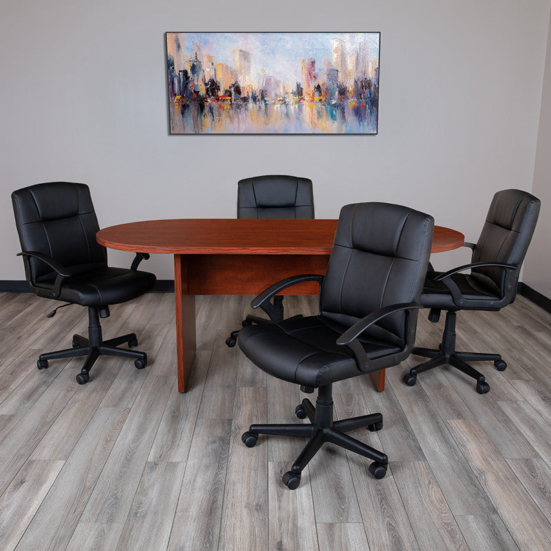 5-Piece Oval Conference Table Set With 4 LeatherSoft-Padded Task Chairs, Cherry