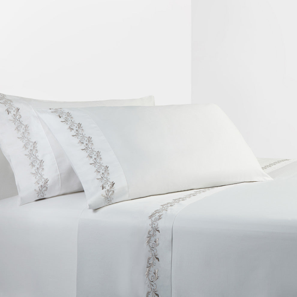 350 TC White Sheet Set With Gray Scroll Embroidery, King