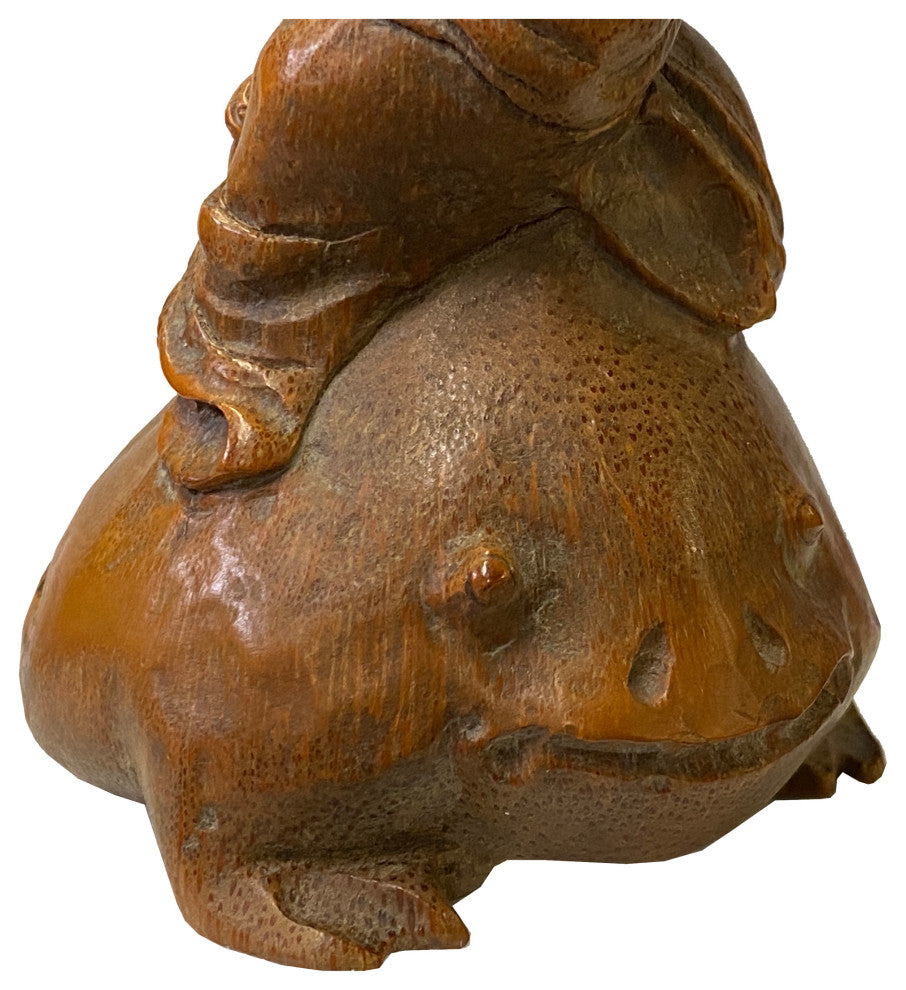 Chinese Bamboo Carved Happy Buddha on Toad Fortune Figure Hws2364