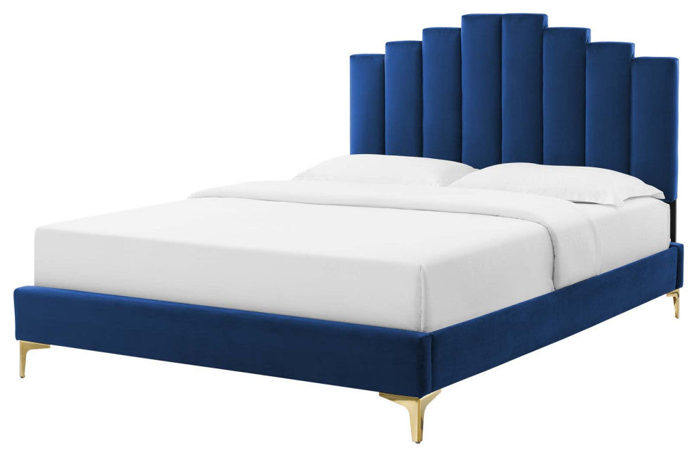 Platform Bed Frame, Full Size, Velvet, Blue Navy, Modern Contemporary, Bedroom