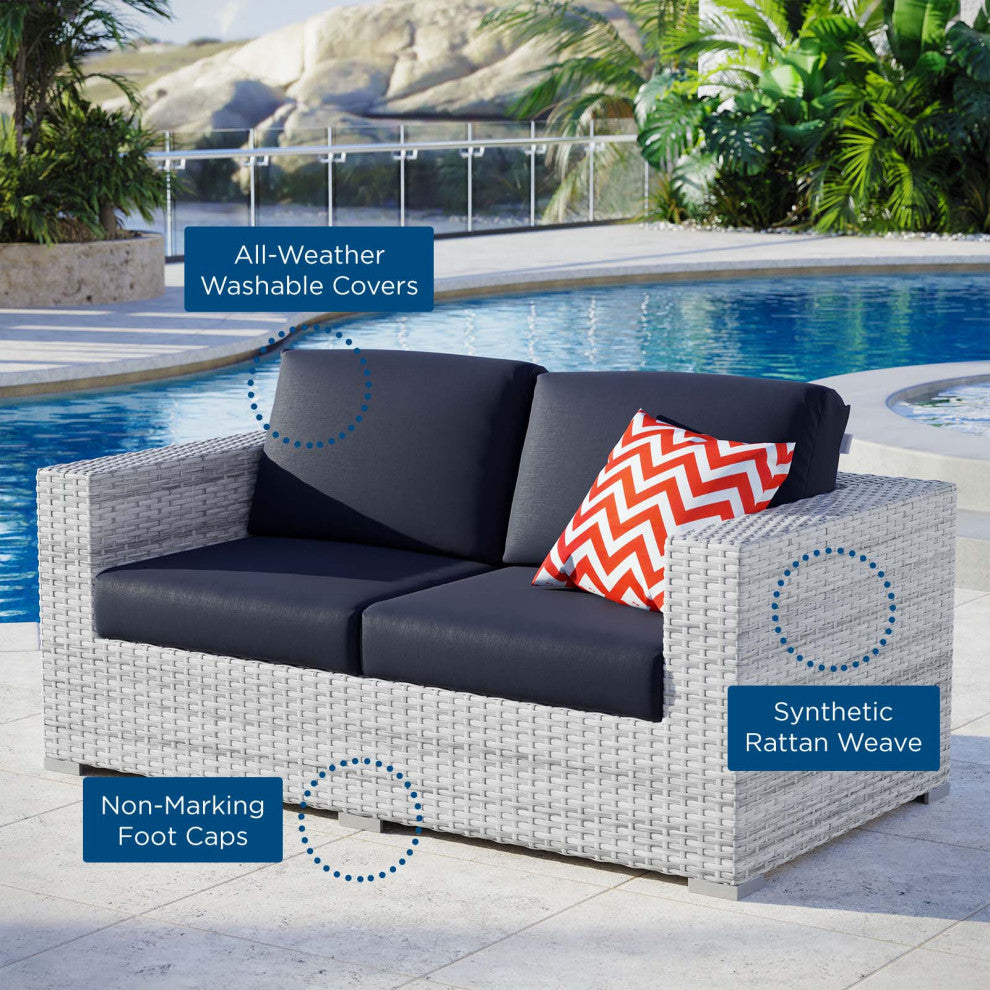 Lounge Loveseat Sofa, Rattan, Wicker, Gray Blue Navy, Modern, Outdoor Patio