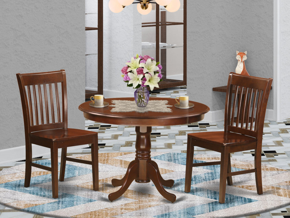 3 Pc Set With A Round Kitchen Table And 2 Wood Dinette Chairs In Mahogany