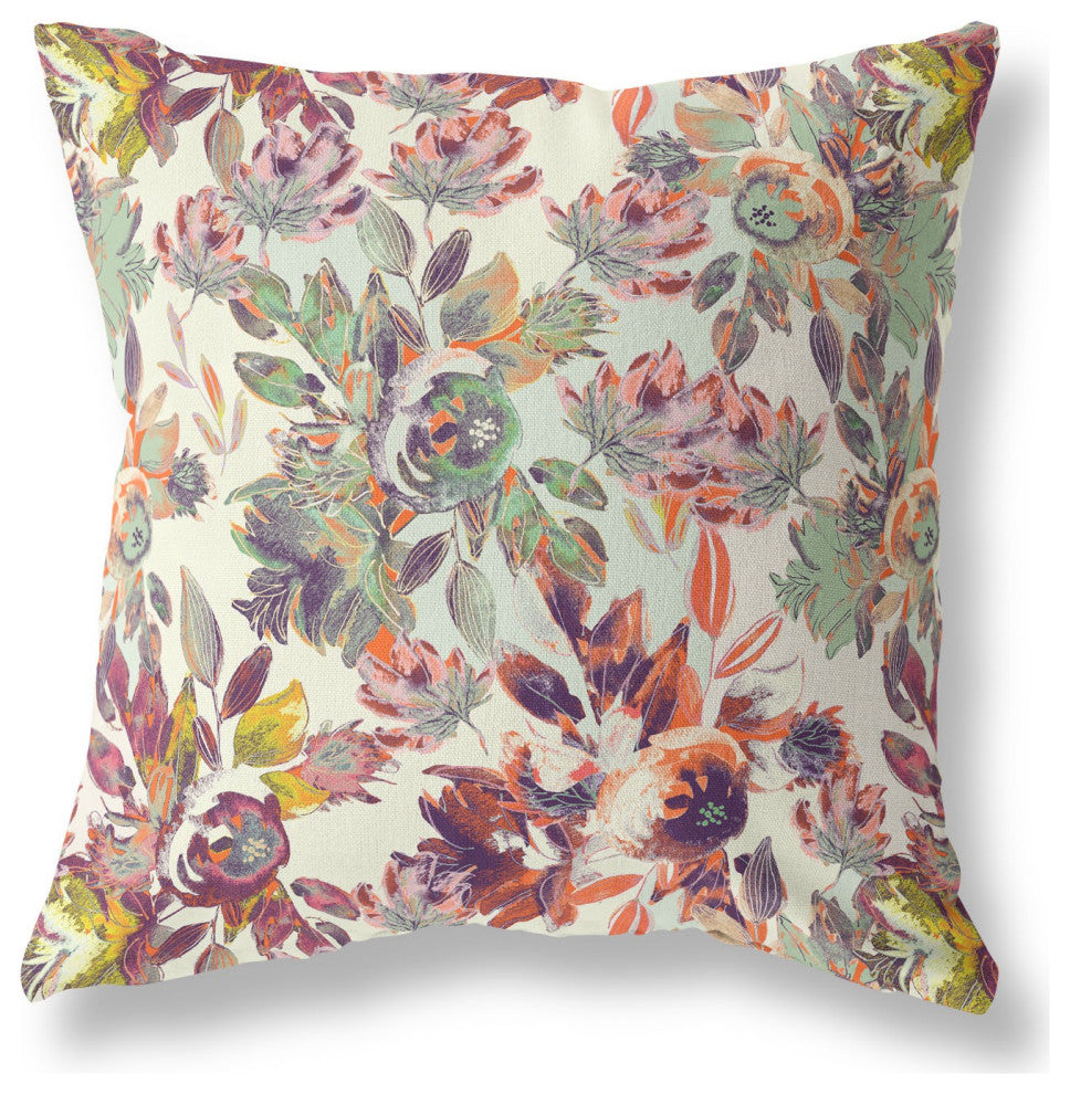 26" Orange Green Florals Indoor Outdoor Zippered Throw Pillow