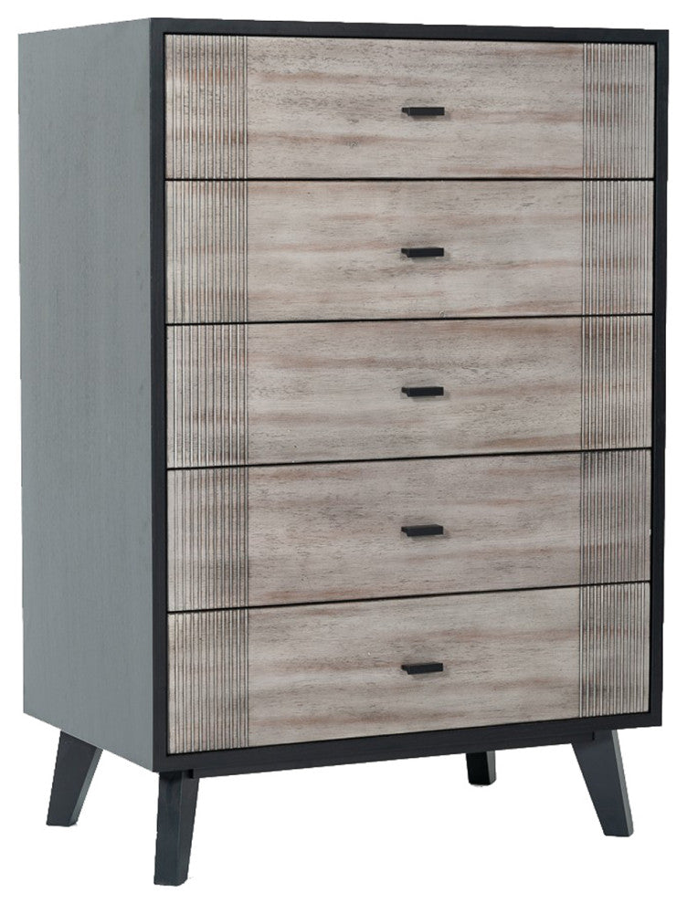 Wooden Chest with 5 Drawers and Metal Bar Handles, Gray and Black