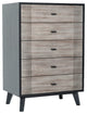 Wooden Chest with 5 Drawers and Metal Bar Handles, Gray and Black