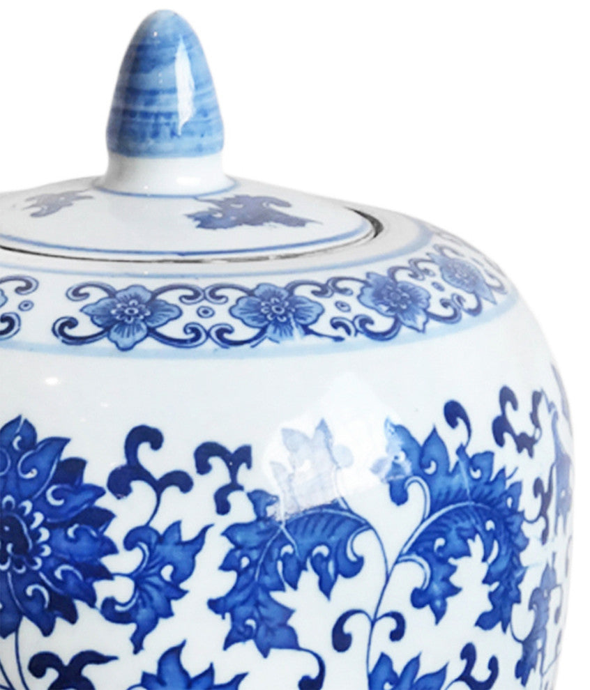 White & Blue Ceramic Jar w/Lid