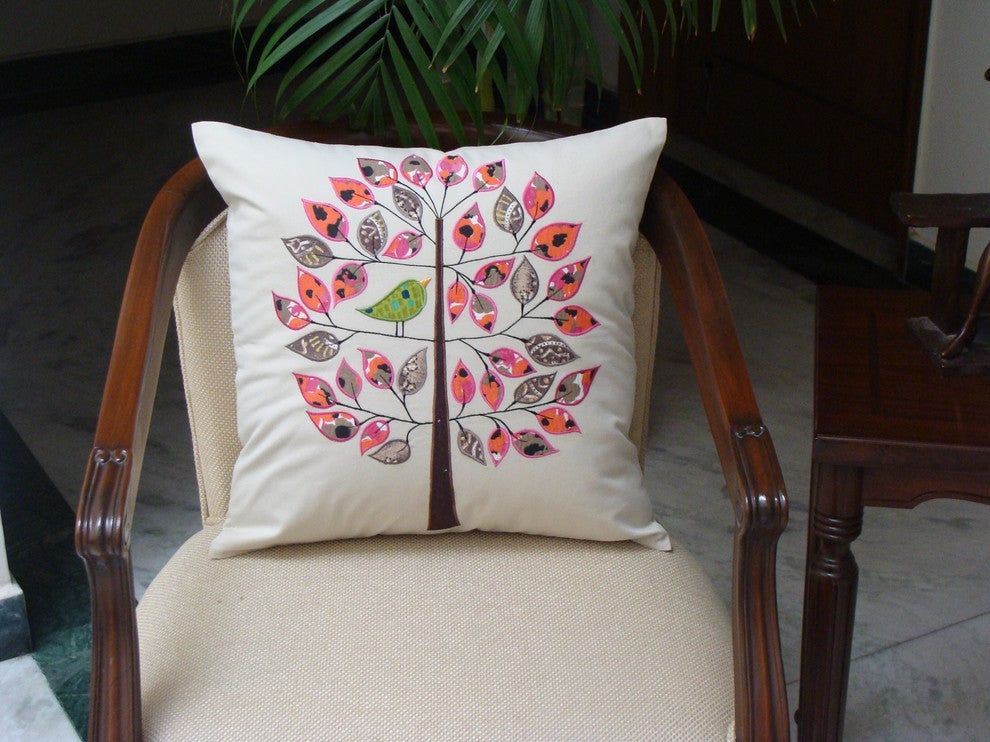 Beige Tree of Life Bird Decorative Pillow Cover Cotton Applique Work 18x18"