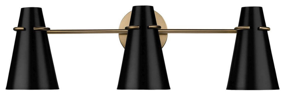 3 Light 26" Bath Vanity Light, Modern Brass With Matte Black Shade