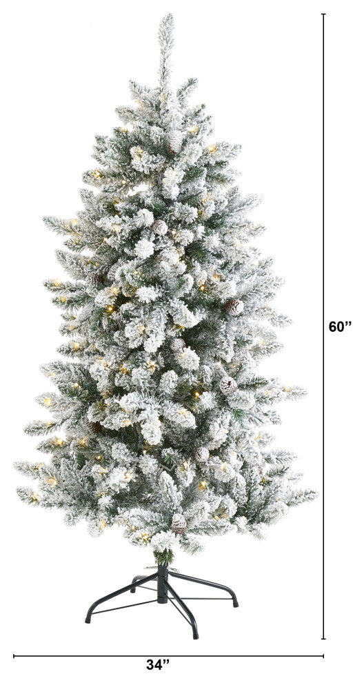 5' Flocked Livingston Fir Faux Xmas Tree With Pine Cones & 200 Clear Warm Lights