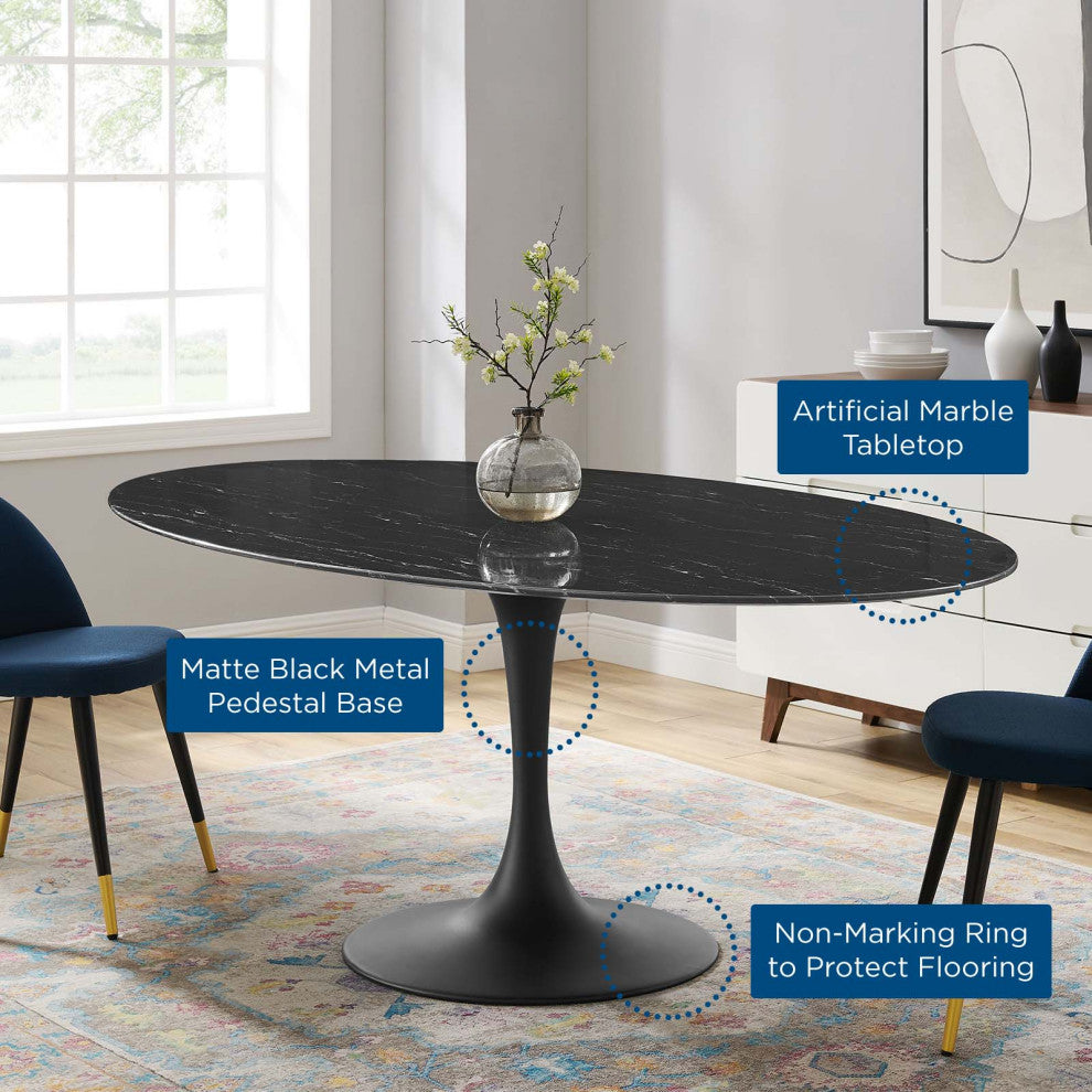 Tulip 78" Oval Artificial Marble Dining Table-Black Black