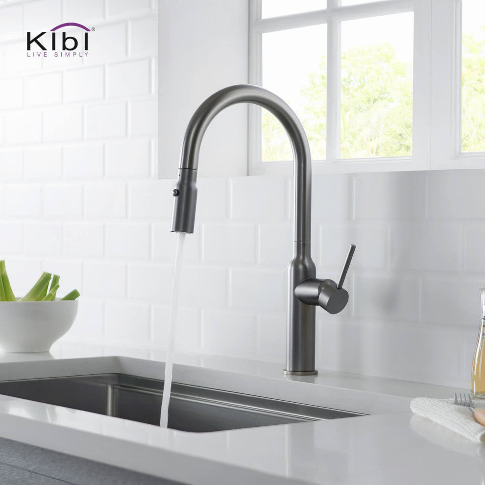 KIBI Hilo Single Handle Pull Down Kitchen Faucet, Titanium, W/ Soap Dispenser