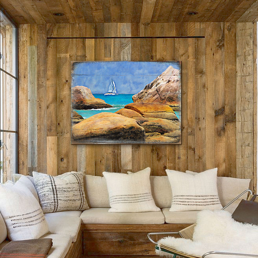 Sailboat on The Rocky Shore Wooden Block, 48 X 36
