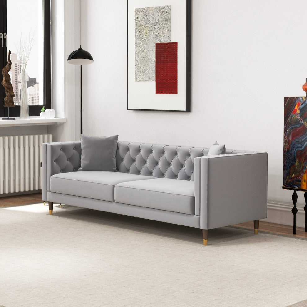 Lewis Mid-Century Modern Luxury Tufted Velvet Sofa, Light Grey