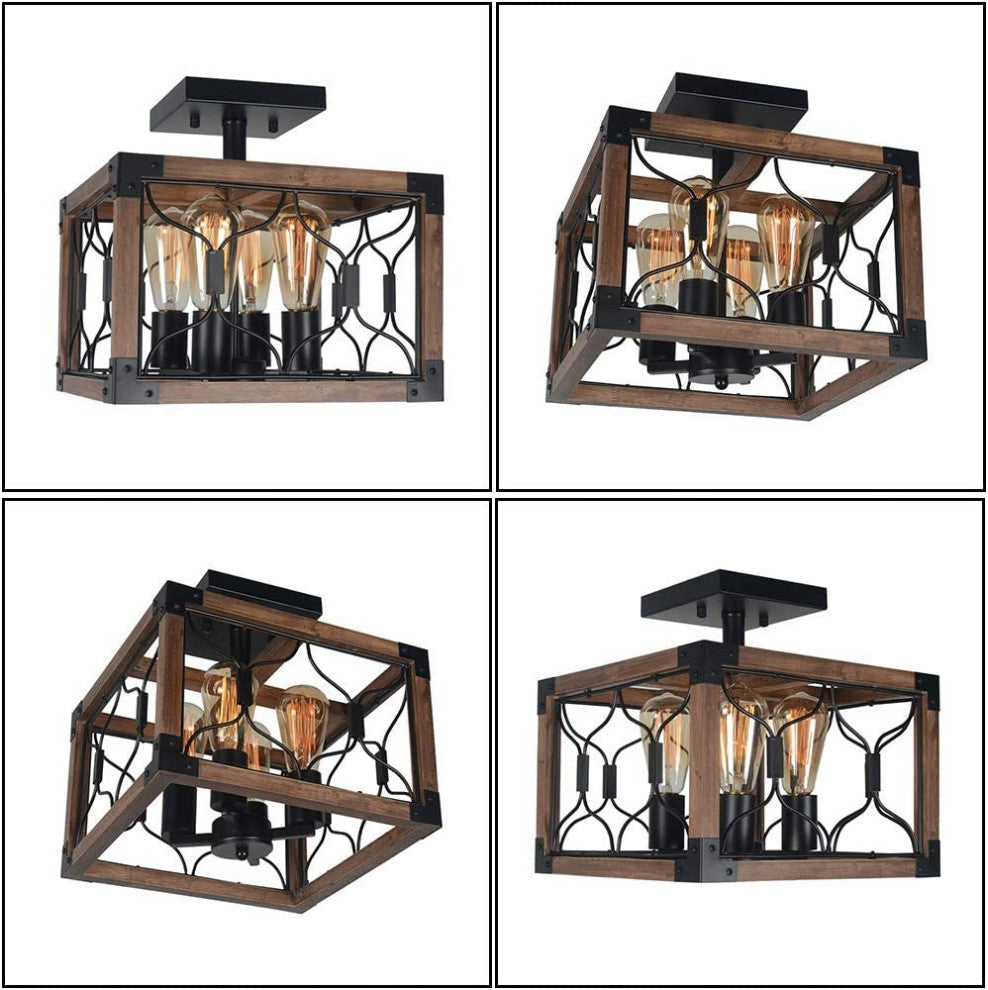 4 Light Industrial Ceiling Lamp, Rust, Square, Semi Flush Mount, Cage
