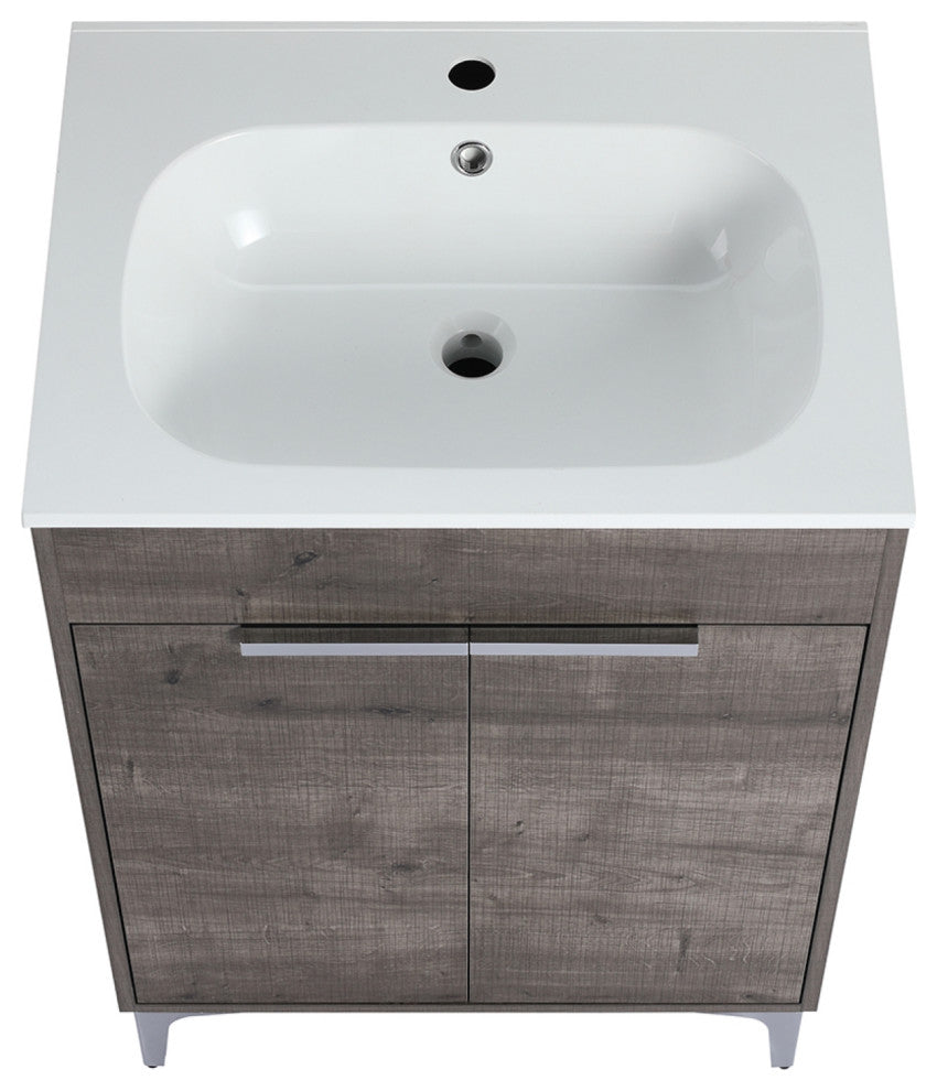 Single Vanity, Gray Oak Finish With Solid Surface Resin White Sink, 24"