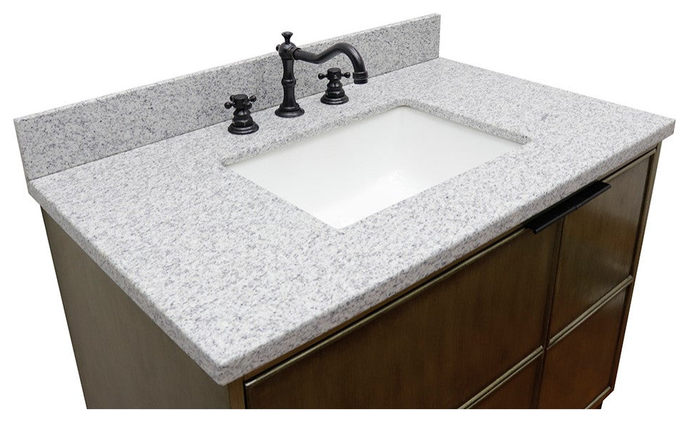 37" Single Wall Mount Vanity, Linen Brown Finish With Gray Granite Top