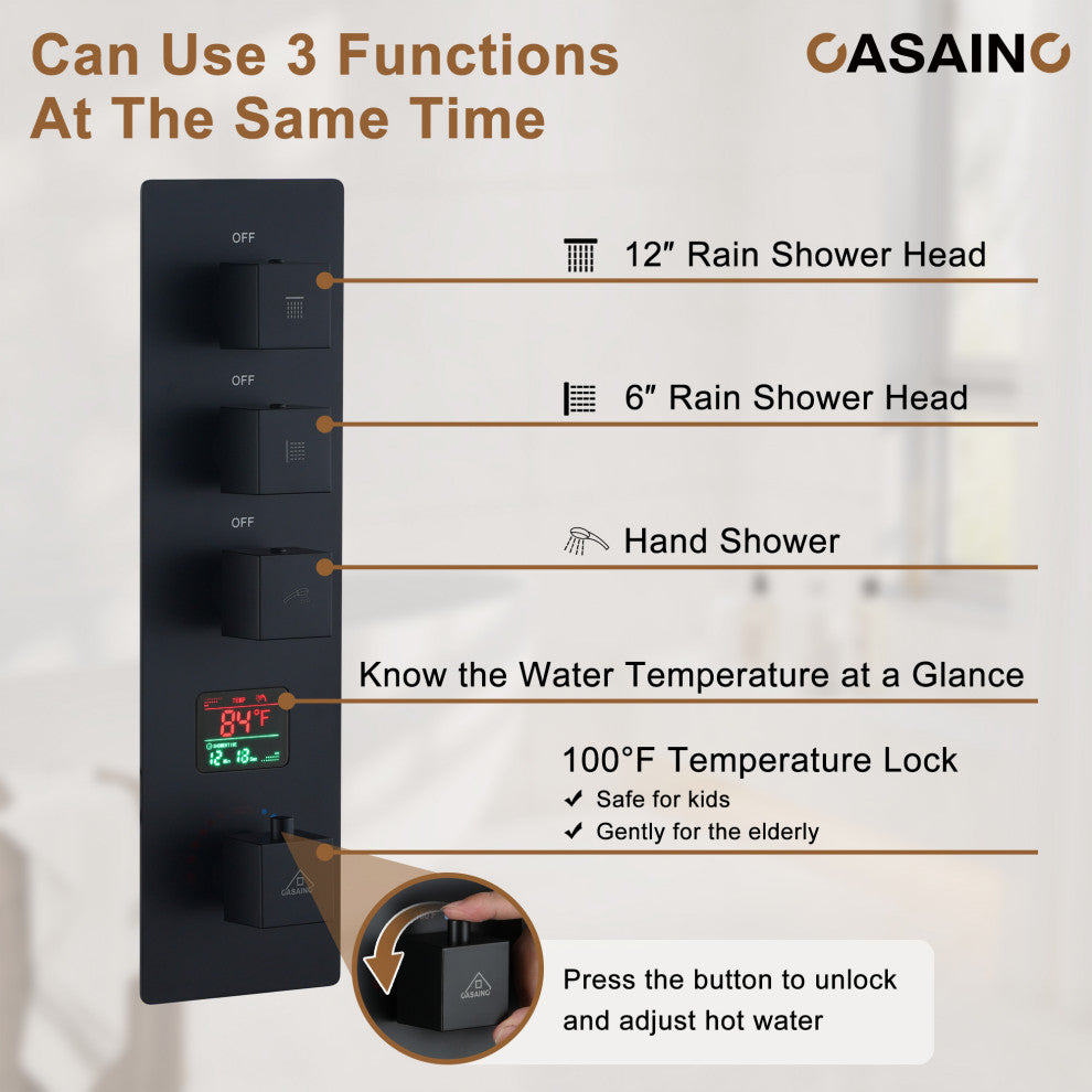 12inch Luxury Shower Dual Shower Head System With LED Light and Bluetooth, Matte Black