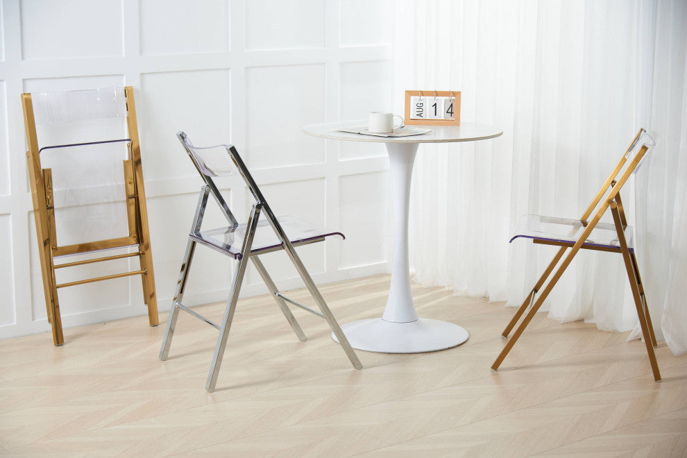 LeisureMod Menno Folding Chair With Stainless Steel Frame Set of 2, Clear