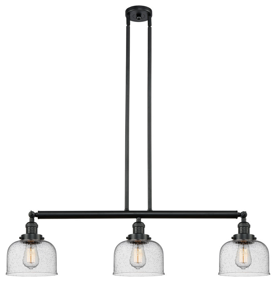 Large Bell 3-Light Island Light, Seedy Glass, Matte Black