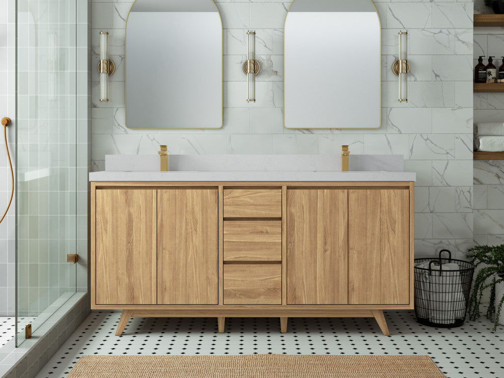Madison Teak 72 Double Sink Bath Vanity in Light Natural 2" Carrara Quartz