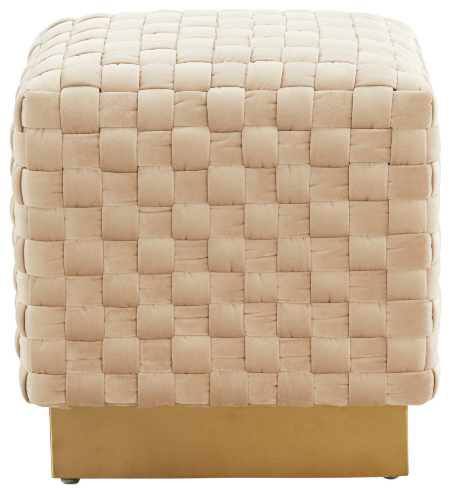 19-Inch Square Velvet Ottoman/Stool in Gold Stainless Steel, Beige