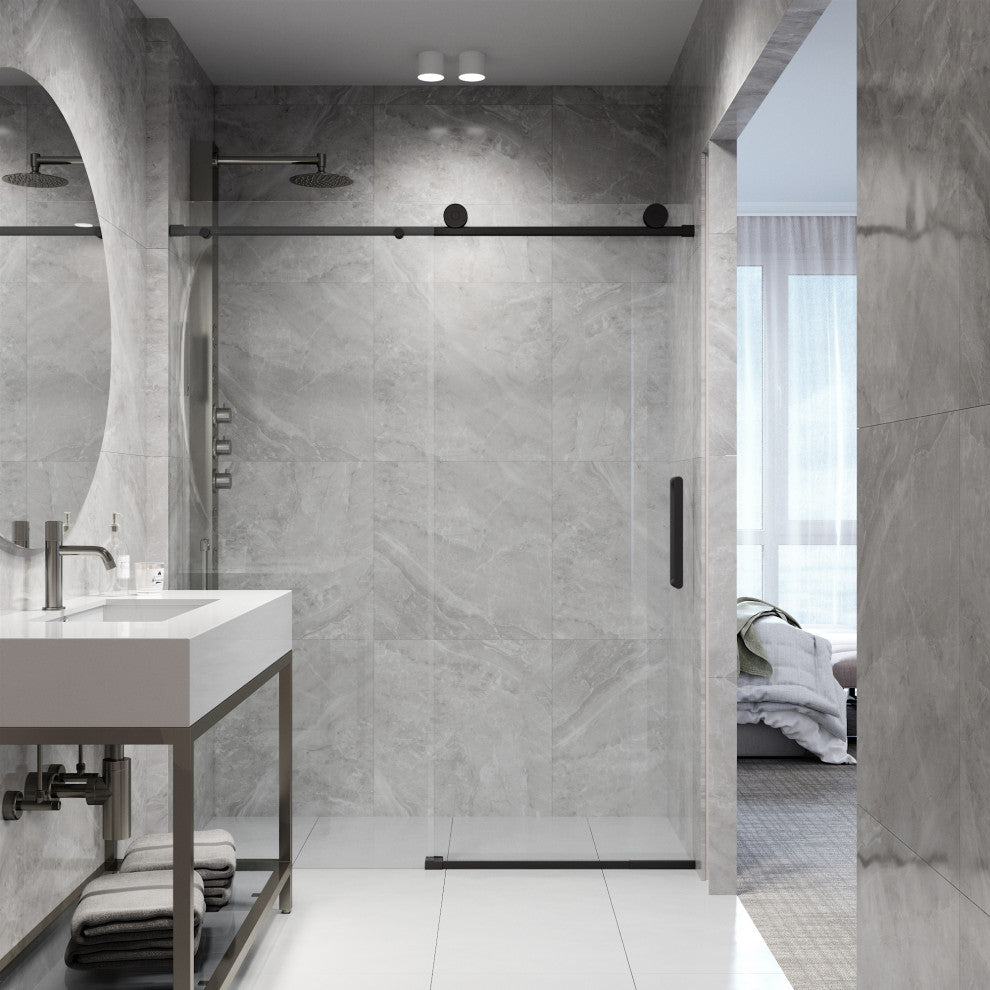 VIGO Elan Frameless Sliding Shower Door, V-Motion, Clear Glass, Stainless Steel, 68" to 72" W X 76" H