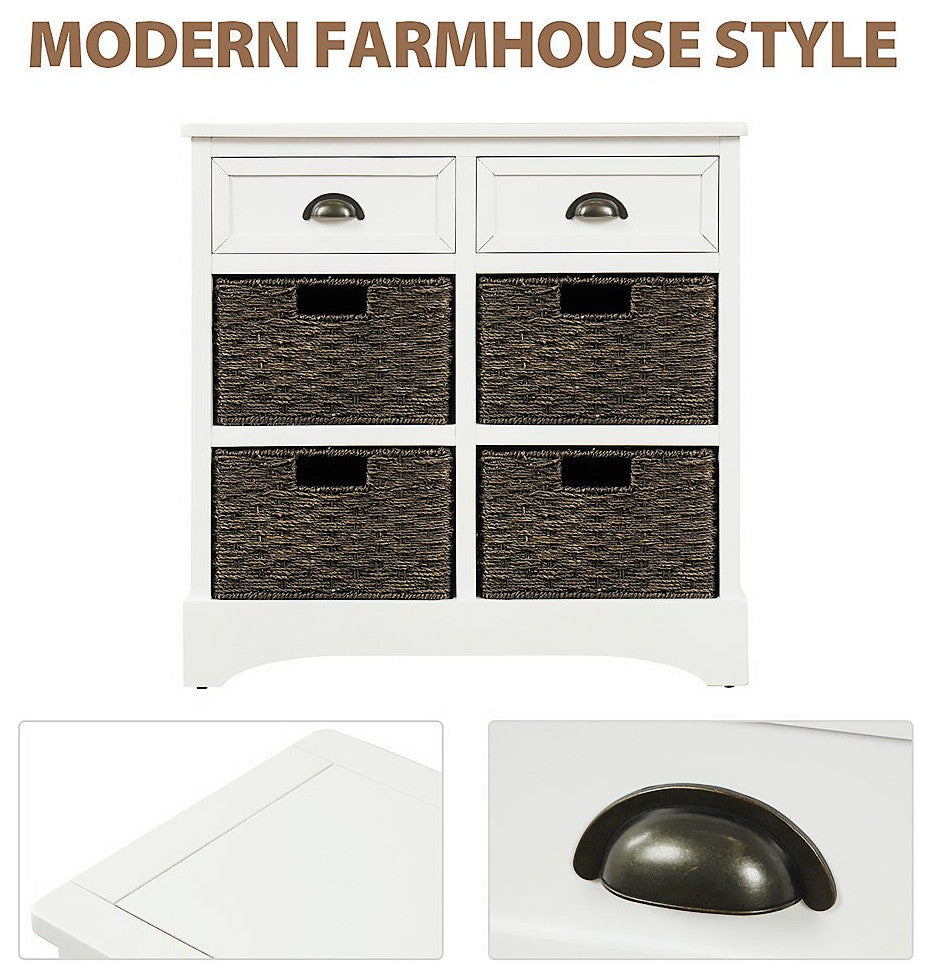 Tall Nightstand, Acacia Wood Frame With Drawers & Wicker Baskets, White