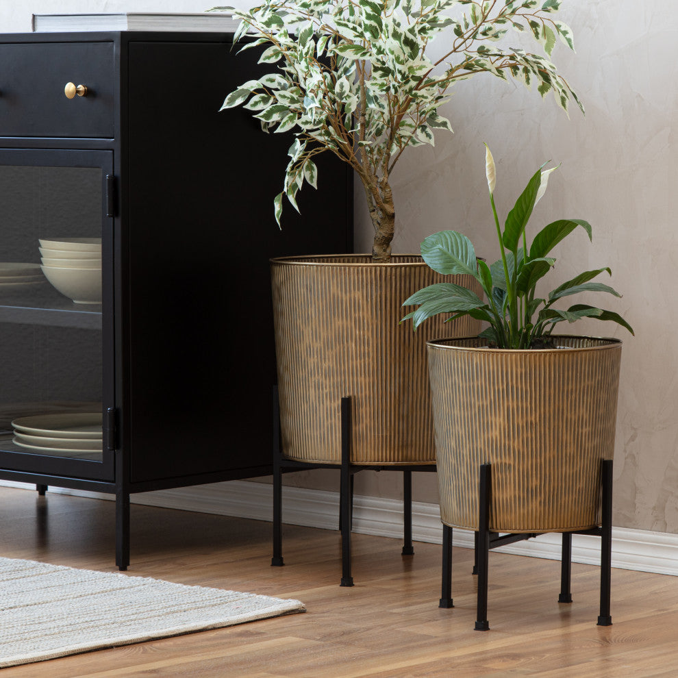 Metal Planters With Stand, 2-Piece Set, Antique Gold