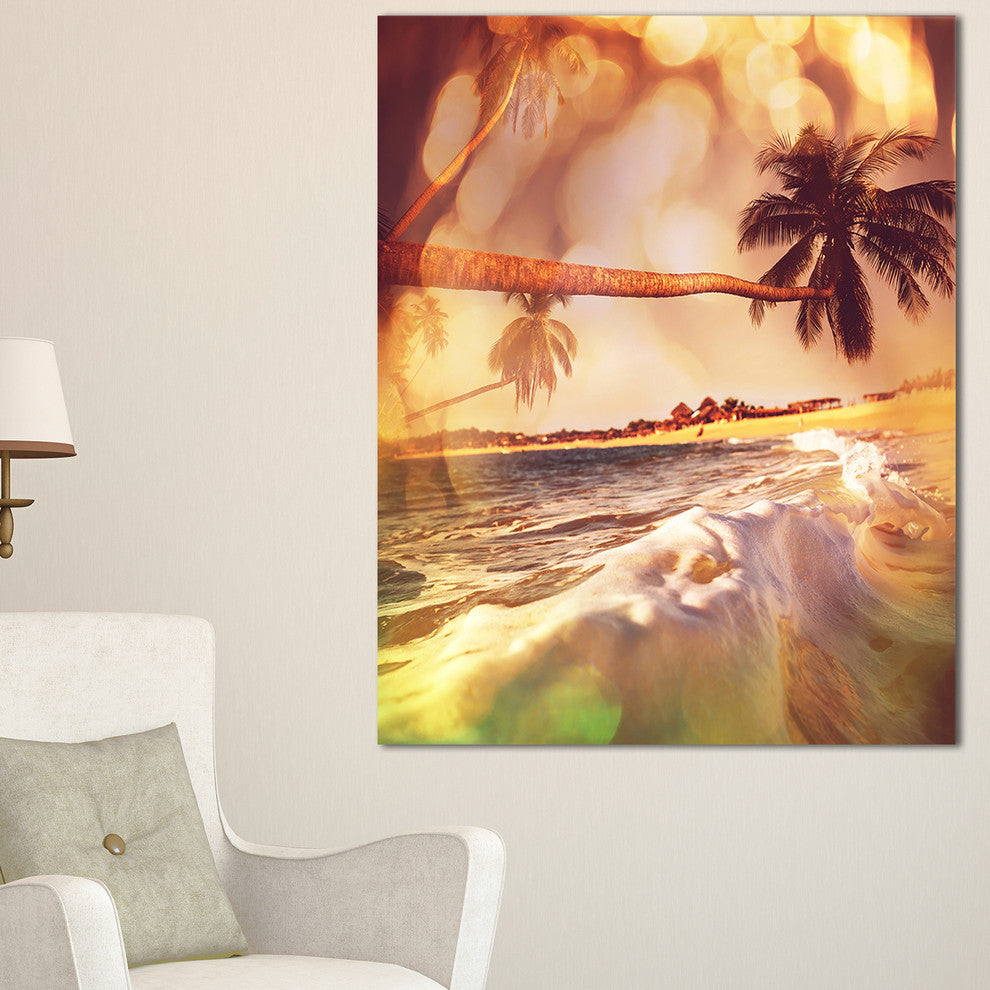 "Tropical Beach With Bent Coconut Palms" Modern Beach Canvas Art Print, 16"x32"