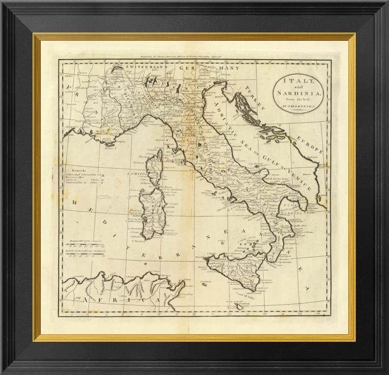 "Italy and Sardinia, 1796" Framed Canvas Giclee by Mathew Carey, 20"x20"