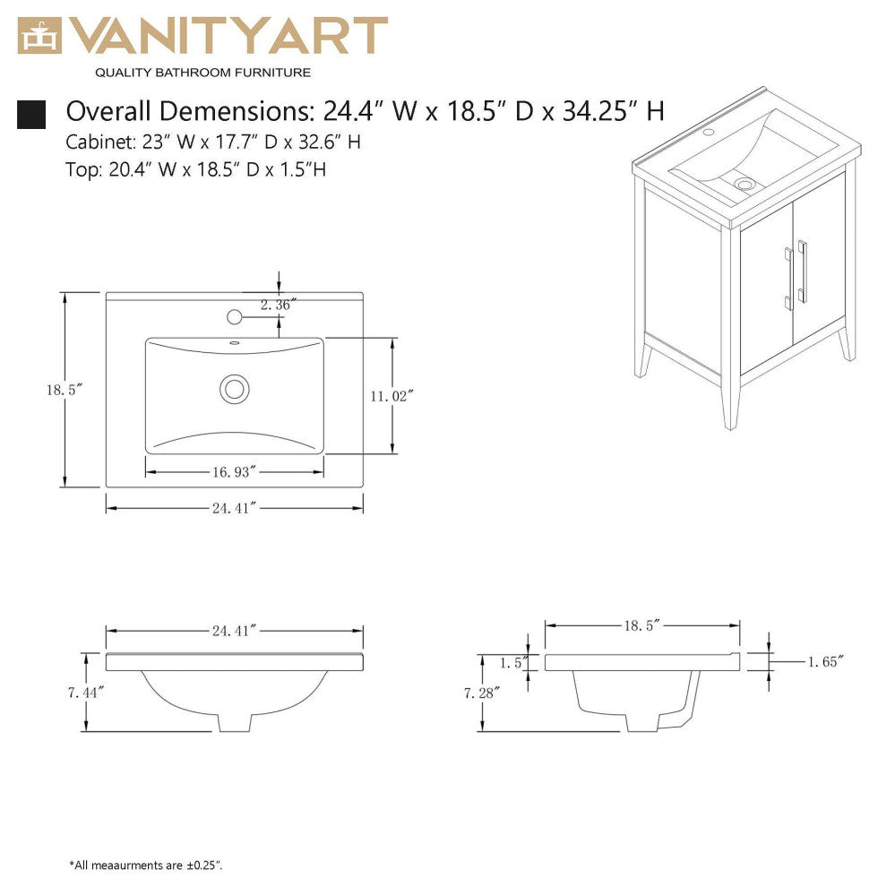 Vanity Art Bathroom Vanity With Sink, Driftwood Gray, 24", Single Sink, Golden Brushed