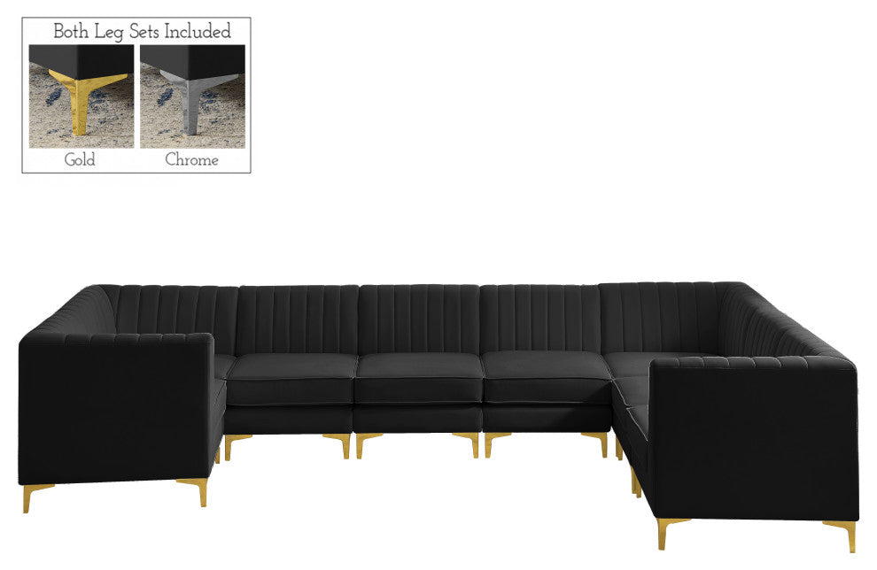Alina Black Velvet 8-Piece Modular Sectional, Black, U-Shaped