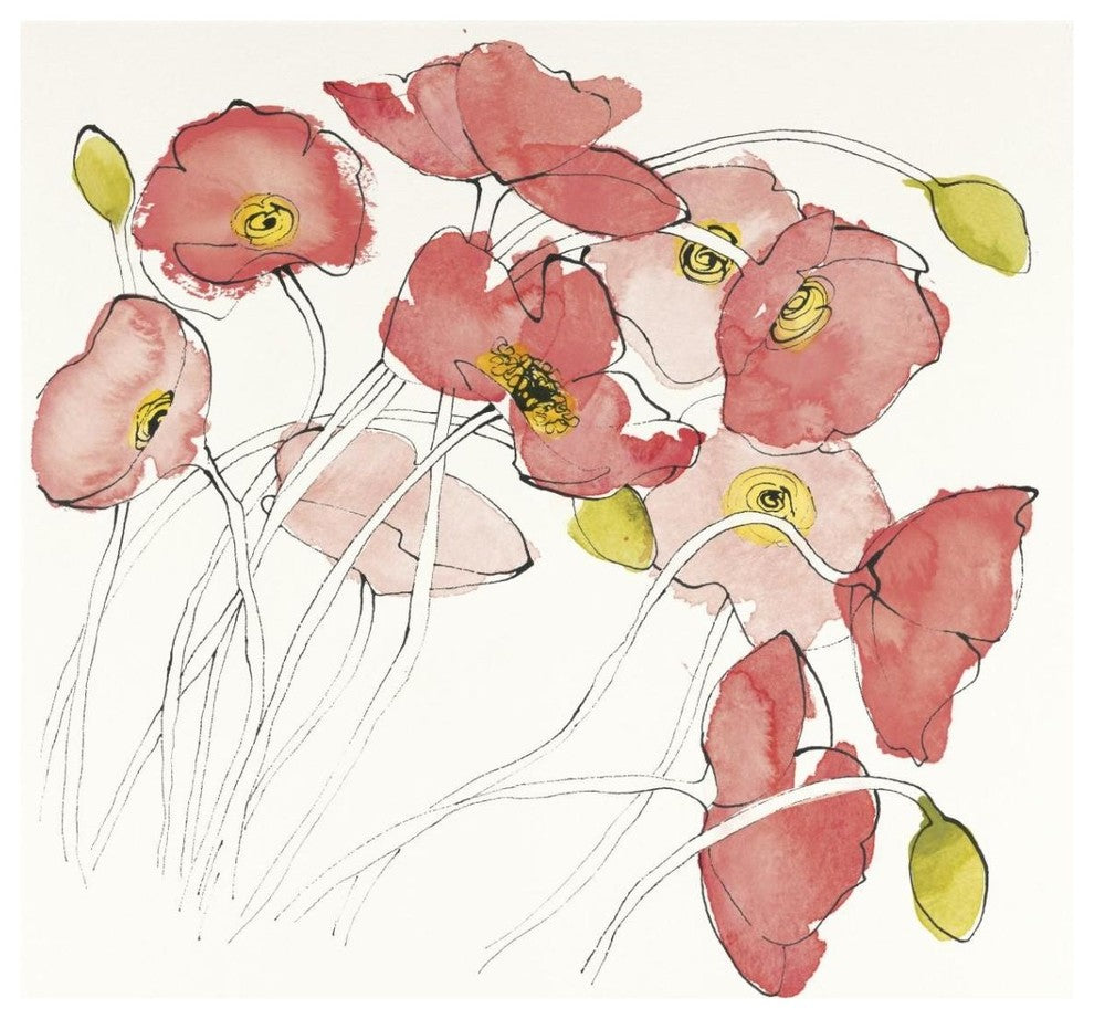 "Black Line Poppies II Watercolor" Digital Paper Print by Shirley Novak, 38"x38"